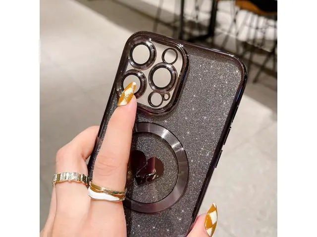 Alt view image 3 of 7 - Compatible with iPhone 15 Pro Max 6.7 Inch Case with Magsafe, Plating Heart Glitter Magnetic Case for Women Girl TPU Camera Protection Back Cover for iPhone 15 Pro Max Black