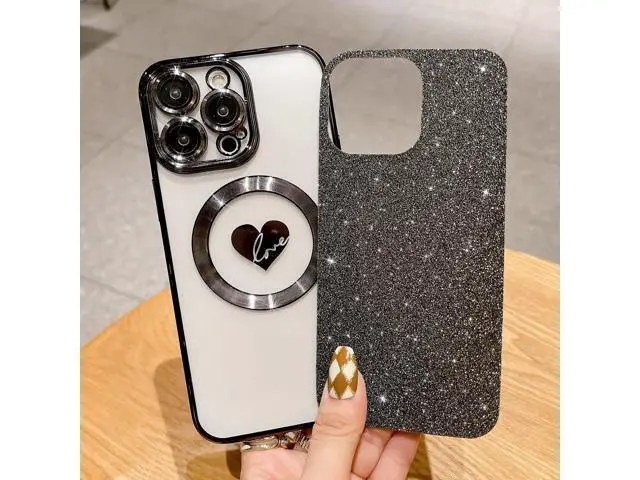 Alt view image 2 of 7 - Compatible with iPhone 15 Pro Max 6.7 Inch Case with Magsafe, Plating Heart Glitter Magnetic Case for Women Girl TPU Camera Protection Back Cover for iPhone 15 Pro Max Black
