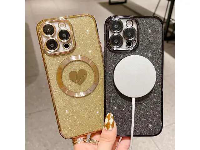 Alt view image 4 of 7 - Compatible with iPhone 15 Pro Max 6.7 Inch Case with Magsafe, Plating Heart Glitter Magnetic Case for Women Girl TPU Camera Protection Back Cover for iPhone 15 Pro Max Black