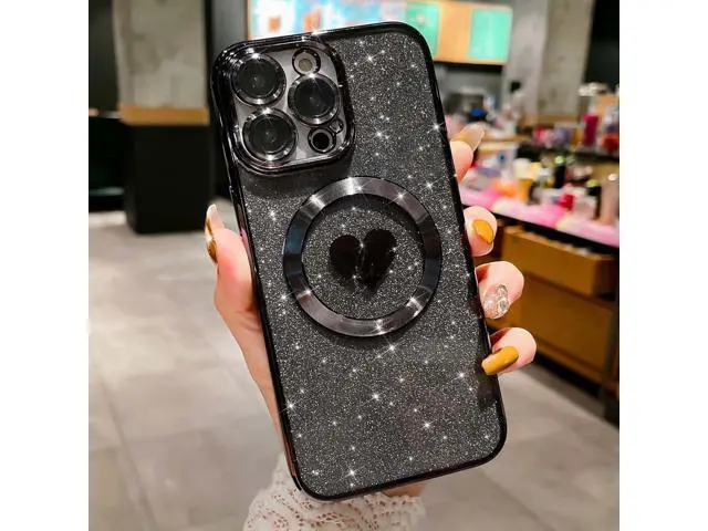 Alt view image 7 of 7 - Compatible with iPhone 15 Pro Max 6.7 Inch Case with Magsafe, Plating Heart Glitter Magnetic Case for Women Girl TPU Camera Protection Back Cover for iPhone 15 Pro Max Black