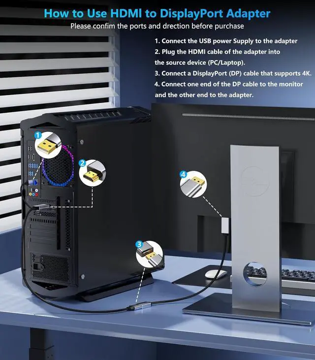 Alt view image 14 of 14 - Active HDMI to DisplayPort Adapter | 4K@60Hz Converter Unidirectional HDMI Source to DP Display HDR Compatible with Laptop AMD NVIDIA PS5 Xbox and More