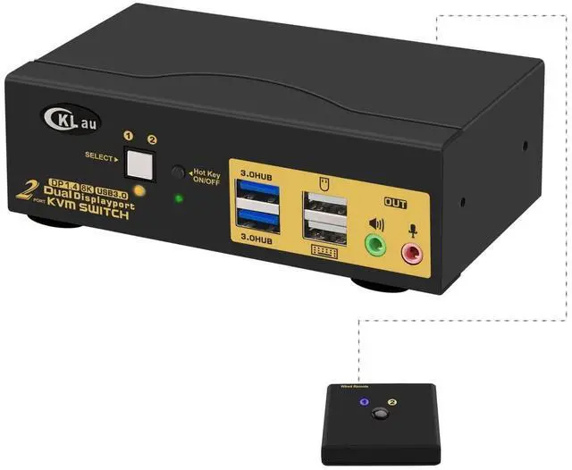 Main image of 2 Port USB 3.0 Dual Monitor Displayport KVM Switch 2 in 2 Out, Displayport 1.4 8K @30Hz 4K @144Hz with Audio and Cables for 2 Computers Support Hotkey Switching