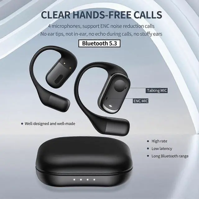 Alt view image 3 of 5 - Black Air Conduction Open-Ear Bluetooth 5.3 Headset - 4 Mics, ENC Noise Cancellation, 28H Play