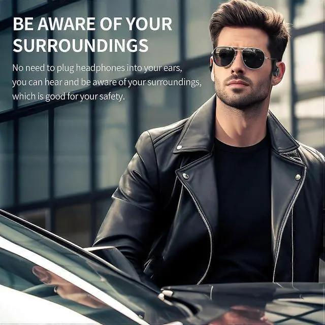 Alt view image 5 of 5 - Black Air Conduction Open-Ear Bluetooth 5.3 Headset - 4 Mics, ENC Noise Cancellation, 28H Play