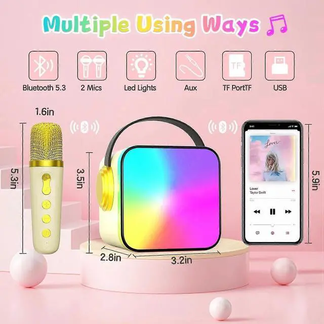 Alt view image 3 of 5 - Ecocleanpath Kids Mini Karaoke Machine with 2 Wireless Mics, Portable Bluetooth Speaker, LED Lights, Birthday Gift for Boys Girls 4-12+ (White)