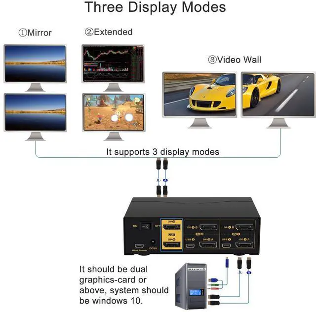 Alt view image 13 of 15 - 2 Ports KVM Switch Dual Monitor DisplayPort 2 In 2 Out, 2x2 DP KVM Switch with Audio and USB 2.0 HUBs, Support Hotkey Switching Resolution Up to 4096x2160 @60Hz 4:4:4