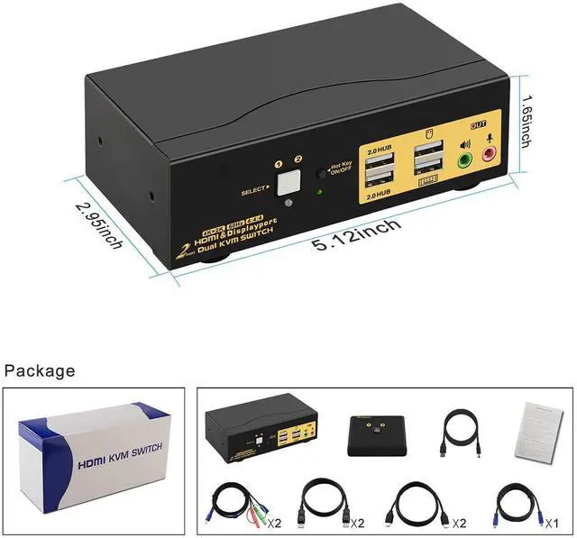 Alt view image 15 of 15 - 4Kx2K @60Hz 2 Port HDMI + Displayport Dual Monitor KVM Switch with Audio, HDMI DP KVM Switch with USB 2.0 Hub and Cables Support HDMI 2.0, HDCP 2.2, HDR 10