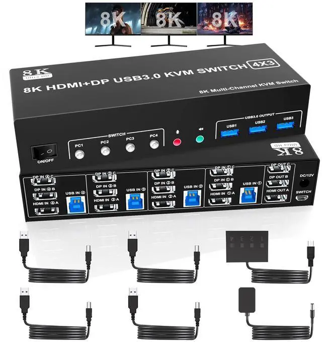 Alt view image 6 of 10 - 8K@60Hz 2 Displayport +HDMI USB3.0 KVM Switch 3 Monitors 4 Computers, 2 DP 1.4 +HDMI 2.1 Triple Monitor KVM Switch with Audio Microphone +3 USB3.0 Ports, Triple Monitor Keyboard Mouse Switcher