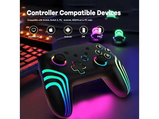 Alt view image 3 of 6 - MYSTILUCK Wireless Pro Controller for Switch/Switch 2/Lite/OLED/PC, Gamepad with 7 Color-Changing RGB Lighting/Dual Vibration/6-Axis Gyroscope/Turbo, Ergonomically Designed Precise Joystick