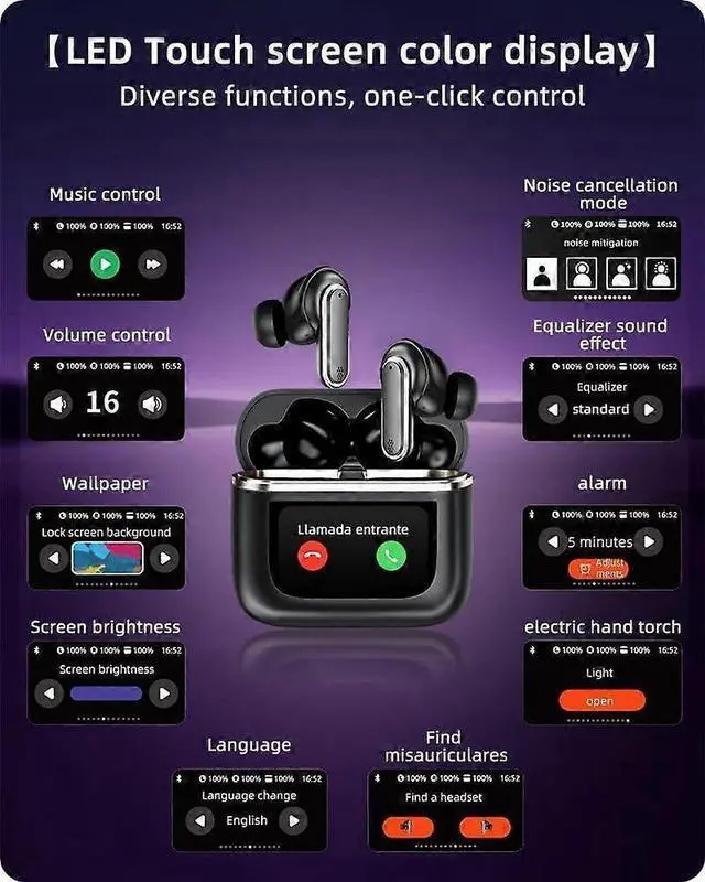 Alt view image 2 of 5 - Bluetooth 5.4 Wireless Headphones with Smart Display, ANC Noise Cancellation & 54H Battery (Black)