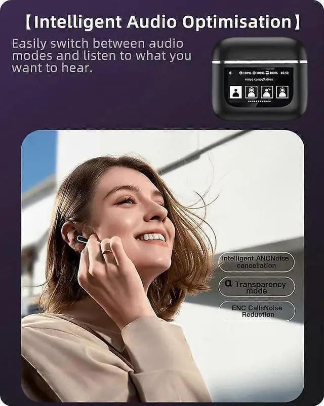 Alt view image 5 of 5 - Bluetooth 5.4 Wireless Headphones with Smart Display, ANC Noise Cancellation & 54H Battery (Black)