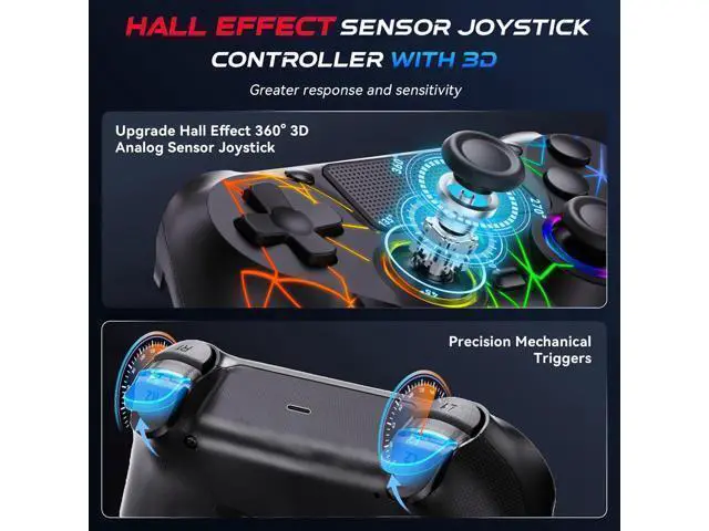 Alt view image 3 of 7 - GamingBoy 2 Pack Wireless Controller for PS4, Light-up RGB Remote Control for Ps4/PC with Hall Effect Joystick/1000mAh Battery/Type-C/Dual Vibration/6-Axis Gyro/Audio Jack/Touch PadWhite Black