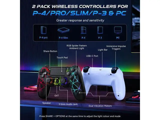 Alt view image 5 of 7 - GamingBoy 2 Pack Wireless Controller for PS4, Light-up RGB Remote Control for Ps4/PC with Hall Effect Joystick/1000mAh Battery/Type-C/Dual Vibration/6-Axis Gyro/Audio Jack/Touch PadWhite Black