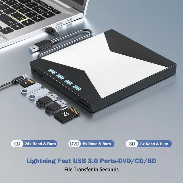Alt view image 2 of 5 - External Blu Ray Drives, 4K Portable Blu Ray Burner USB 3.0 Type-C UHD BD Player with SD/TF Port, CD/DVD Burner R/W 3D Blu Ray Drive, External 4k Blu Ray Drive Compatible with Windows Mac OS Laptop