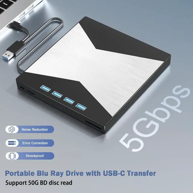 Alt view image 4 of 5 - External Blu Ray Drives, 4K Portable Blu Ray Burner USB 3.0 Type-C UHD BD Player with SD/TF Port, CD/DVD Burner R/W 3D Blu Ray Drive, External 4k Blu Ray Drive Compatible with Windows Mac OS Laptop