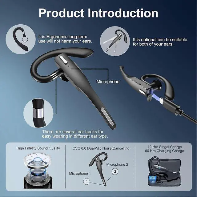 Alt view image 4 of 5 - Wireless Bluetooth 5.3 Headset with ENC Noise Cancellation, LED Charging Case, In-Ear for Office & Driving (Black)