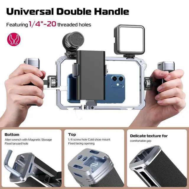 Alt view image 2 of 7 - Deuninker Universal Phone Video Rig Kit with Handles, Aluminum Handheld Stabilizer Phone Video Filmmaking Grip for Video Maker Videographer with Cold Shoe for iPhone 16 15 14 13 Mini Pro Max 8 Plus