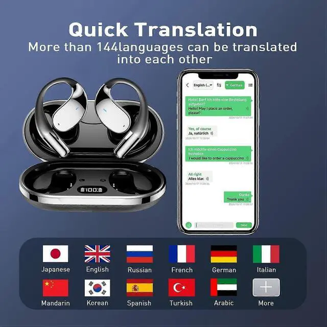 Alt view image 3 of 5 - AI Translation Earbuds Q39 Open-Ear Wireless Bluetooth Headset with LED Display, 14.2mm Hi-Fi for Business & Travel (Black)