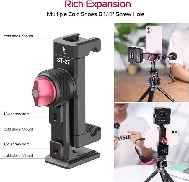 Alt view image 2 of 6 - Deuninker ST-27 Metal Phone Tripod Mount, 360° Phone Holder for Tripod w 3 Cold Shoes & Arca Port, Versatile Smartphone Adapter for iPhone 17 16 15, Desktop Tripods, and Live Streaming/Vlogging Setup