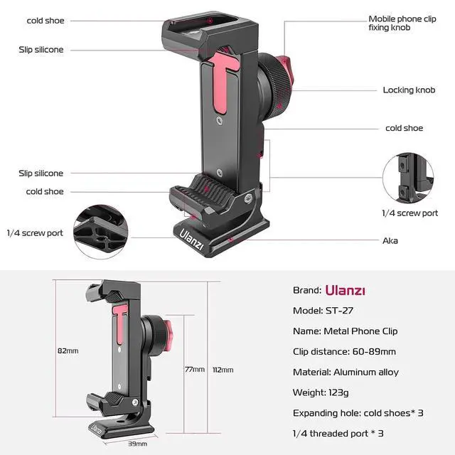 Alt view image 6 of 6 - Deuninker ST-27 Metal Phone Tripod Mount, 360° Phone Holder for Tripod w 3 Cold Shoes & Arca Port, Versatile Smartphone Adapter for iPhone 17 16 15, Desktop Tripods, and Live Streaming/Vlogging Setup