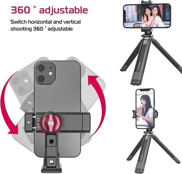 Alt view image 3 of 6 - Deuninker ST-27 Metal Phone Tripod Mount, 360° Phone Holder for Tripod w 3 Cold Shoes & Arca Port, Versatile Smartphone Adapter for iPhone 17 16 15, Desktop Tripods, and Live Streaming/Vlogging Setup
