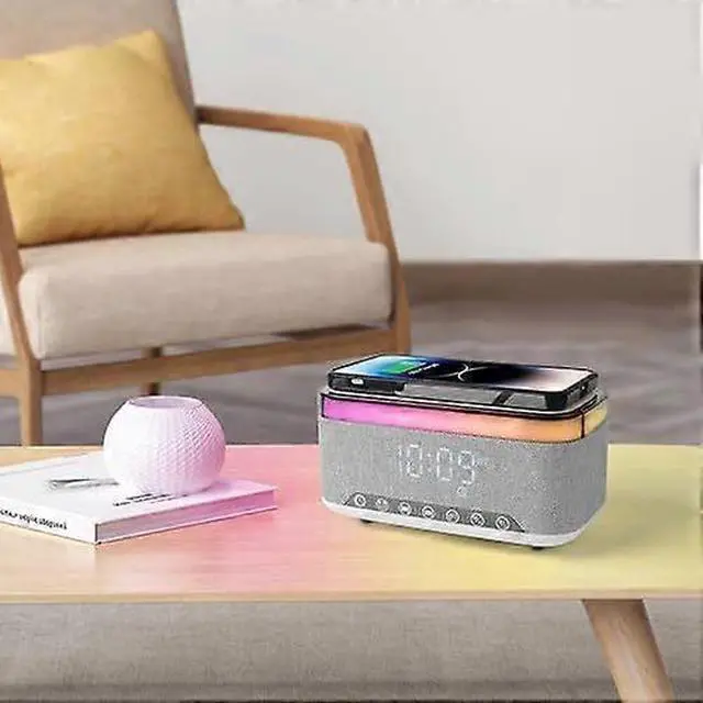 Alt view image 2 of 5 - Deuninker Gray Wireless Charging Lamp with RGB Night Light, Bluetooth Speaker & Digital Alarm Clock, 15W Fast Charging