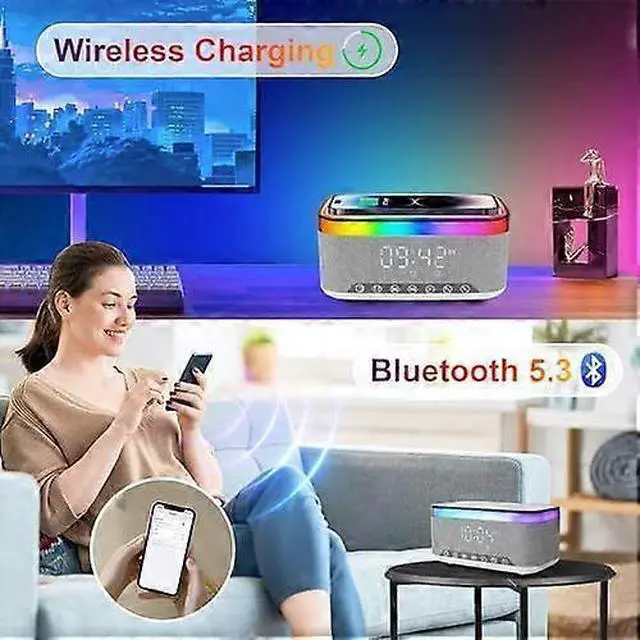 Alt view image 4 of 5 - Deuninker Gray Wireless Charging Lamp with RGB Night Light, Bluetooth Speaker & Digital Alarm Clock, 15W Fast Charging