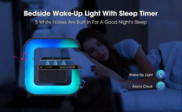 Alt view image 2 of 5 - Deuninker Smart LED Table Lamp with Wireless Charger, Wake-up Light, Bluetooth Speaker & Time Display - White