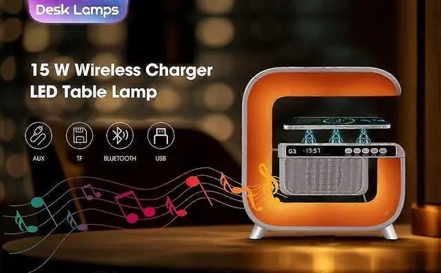 Alt view image 3 of 5 - Deuninker Smart LED Table Lamp with Wireless Charger, Wake-up Light, Bluetooth Speaker & Time Display - White