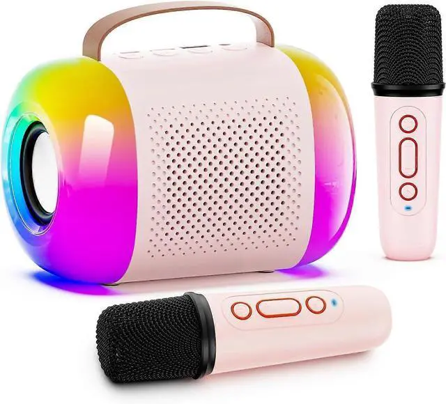 Main image of Deuninker Kids Karaoke Machine with 2 Wireless Mics, Bluetooth Speaker & LED Lights - Pink Portable Singing Toy for Ages 3-11+