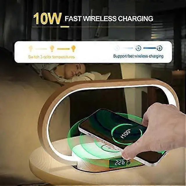 Alt view image 2 of 5 - Deuninker Wireless Charging Bedside Lamp with Clock, 3-Color LED Desk Lamp, USB Port for Bedroom & Office