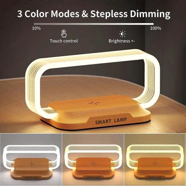 Alt view image 4 of 5 - Deuninker Modern Touch Bedside Lamp with 15W Fast Wireless Charger & USB Port, Dimmable LED Nightstand Light for Bedroom