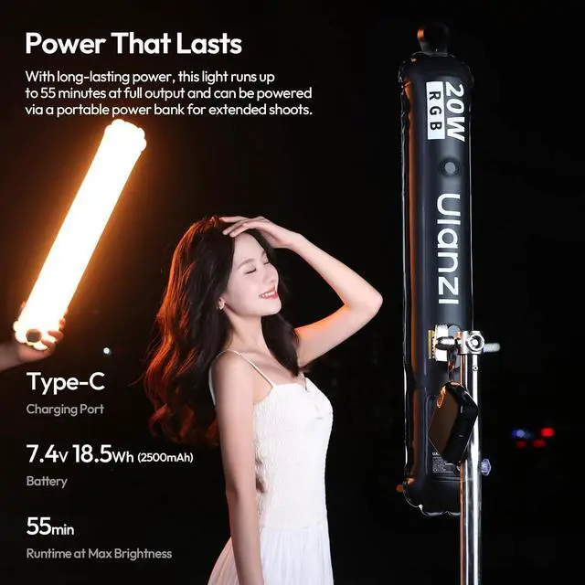 Alt view image 7 of 7 - Deuninker UA20C RGB Tube Light, 20W Inflatable LED Fill Light for Video Recording & Photo Photography, 1800K10000K CRI95 2500mAh Cordless Magnetic Portable Handheld TPU Video Lighting Wand w 1/4 Mount