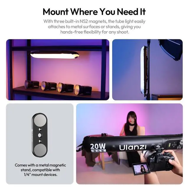 Alt view image 6 of 7 - Deuninker UA20C RGB Tube Light, 20W Inflatable LED Fill Light for Video Recording & Photo Photography, 1800K10000K CRI95 2500mAh Cordless Magnetic Portable Handheld TPU Video Lighting Wand w 1/4 Mount
