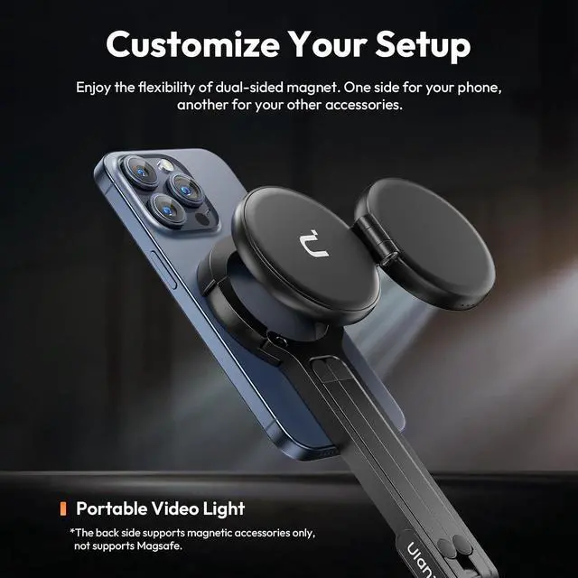 Alt view image 2 of 6 - Deuninker 2-in-1 Magnetic Phone Tripod & Selfie Light Kit, MA30 Phone Stand with LM19 2500K-8500K LED Fill Light for MagSafe, Compatible with iPhone 17-12 Series for Photo/Vlog/Video/TikTok, Black