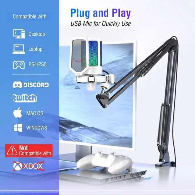 Alt view image 5 of 7 - Deuninker Streaming Gaming USB Microphone Kit, PC Condenser RGB Mic Compatible with PS4/PS5, Plug and Play for Music Recording, Online Game, Discord, Twitch, with Pop Filter, Shock Mount-A6T White