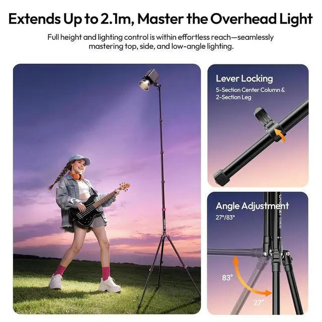 Alt view image 2 of 7 - Deuninker TT43 II Light Stand, 86.61" Lightweight Reverse-Folding Tripod with Quick-Release Tilt Head, 8.8lb Load, Detachable Center Column as Boom Pole, for Studio Photography Video Live Streaming