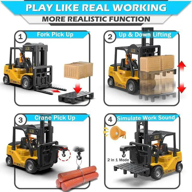 Alt view image 10 of 14 - RC Forklift Truck, 2 in 1 Transform Lift Fork & Hook, Kids Forklift Toy, 11 Channel Remote Control Forklift for Adults, 2 Battery, Spray, Light, RC Construction Vehicles Toy Gift for Kids 6+