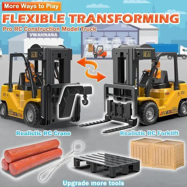 Alt view image 9 of 14 - RC Forklift Truck, 2 in 1 Transform Lift Fork & Hook, Kids Forklift Toy, 11 Channel Remote Control Forklift for Adults, 2 Battery, Spray, Light, RC Construction Vehicles Toy Gift for Kids 6+