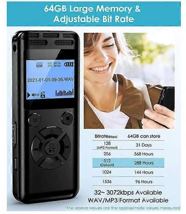 Alt view image 2 of 5 - Deuninker Digital Voice Recorder with Voice Activation, 560mAh Battery, Playback & Password Protection (Black)