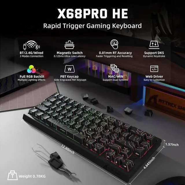 Alt view image 9 of 14 - ATTACK SHARK X11 & X68 PRO HE Wireless Gaming Combo,Rapid Trigger Hall Effect Magnetic Switch 8K Keyboard,Ultra-Light 22K DPI PAW3311 Optical Sensor Mouse,RGB Backlit Tri-Mode with Coiled Cable-Black