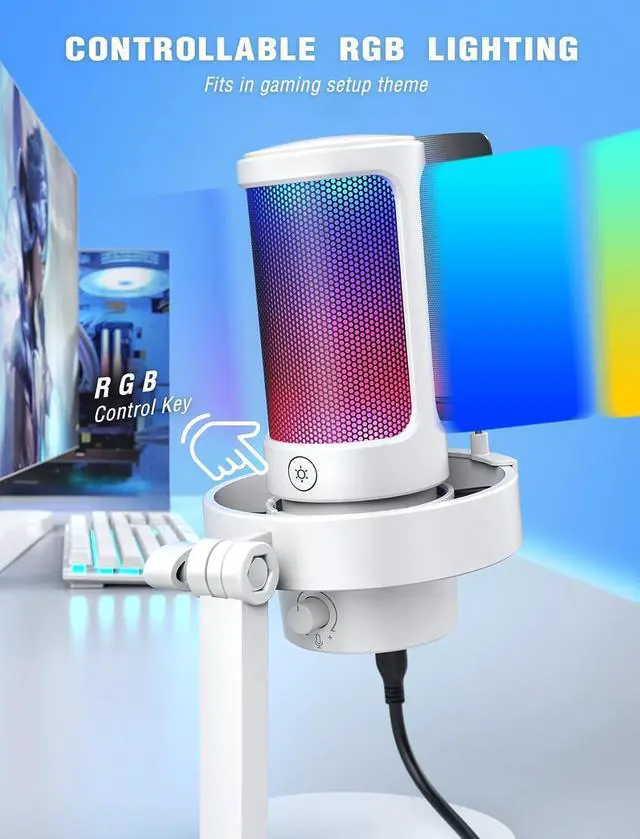 Alt view image 2 of 7 - Deuninker Gaming USB Microphone with Metal Boom Arm Bundle, PC Computer Streaming Mic with Mute, RGB, Gain Knob, Microphone Arm Stand with Desk Clamp Kit for Recording/Podcast (A8+BM63 White)