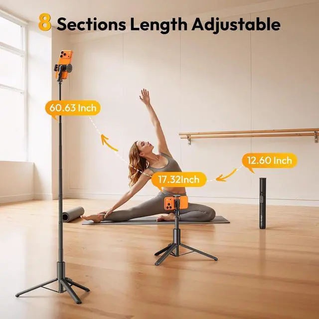 Alt view image 2 of 7 - Deuninker Phone Tripod Selfie Stick, SK27 61" Extendable Selfie Stick for iPhone/Android with Wireless Remote Cold Shoe Mount, Portable Phone Tripod Stand for Video Recording, Stream, Travel, Vlogging