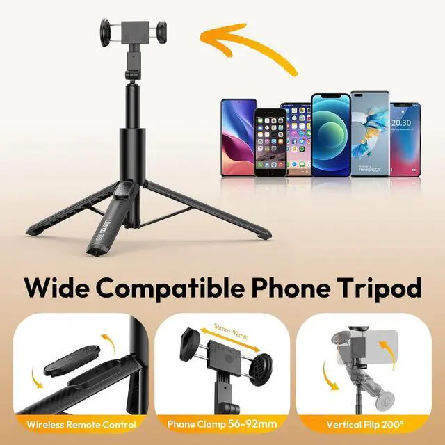 Alt view image 4 of 7 - Deuninker Phone Tripod Selfie Stick, SK27 61" Extendable Selfie Stick for iPhone/Android with Wireless Remote Cold Shoe Mount, Portable Phone Tripod Stand for Video Recording, Stream, Travel, Vlogging