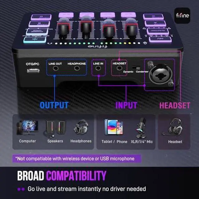 Alt view image 7 of 7 - Deuninker Karaoke Microphone and Streaming 4-Channel RGB Mixer, Gaming Audio Mixer with XLR Interface for Game Voice, Podcast, Recording, YouTube, Dynamic Vocal Microphone for SpeakerK6+SC3