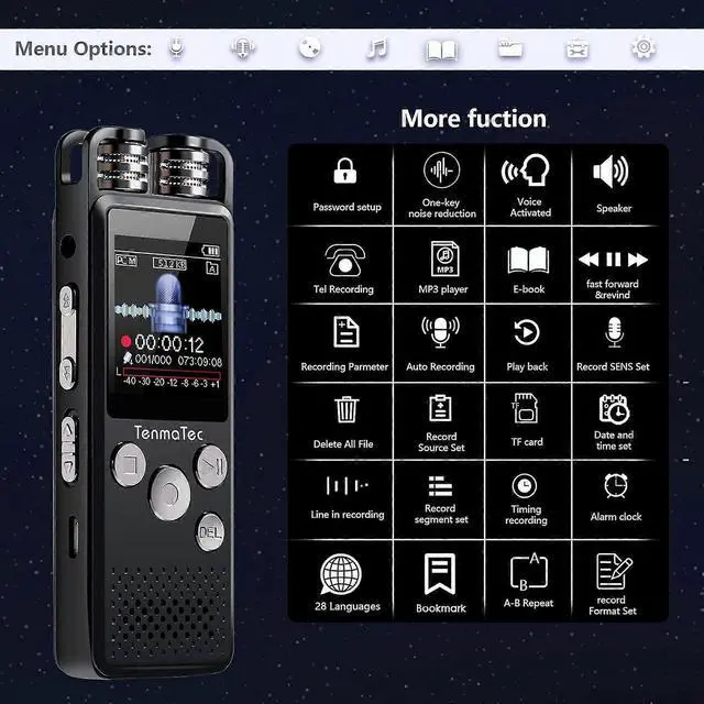 Alt view image 4 of 5 - Deuninker Voice Activated Recorder with DSP Noise Reduction & 1156H Battery, Black - Studio Quality for Interviews & Lectures