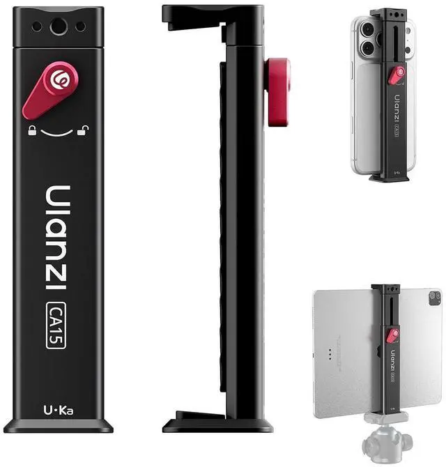 Main image of Deuninker CA15 Aluminum iPad Tablet Tripod Mount Attachment,13.5-22 cm Adjustable Clamp Range w Top Cold Shoe, Compatible w Arca Uka 1/4'', iPad 2/3/4/Air/Air2/Pro Video Recording