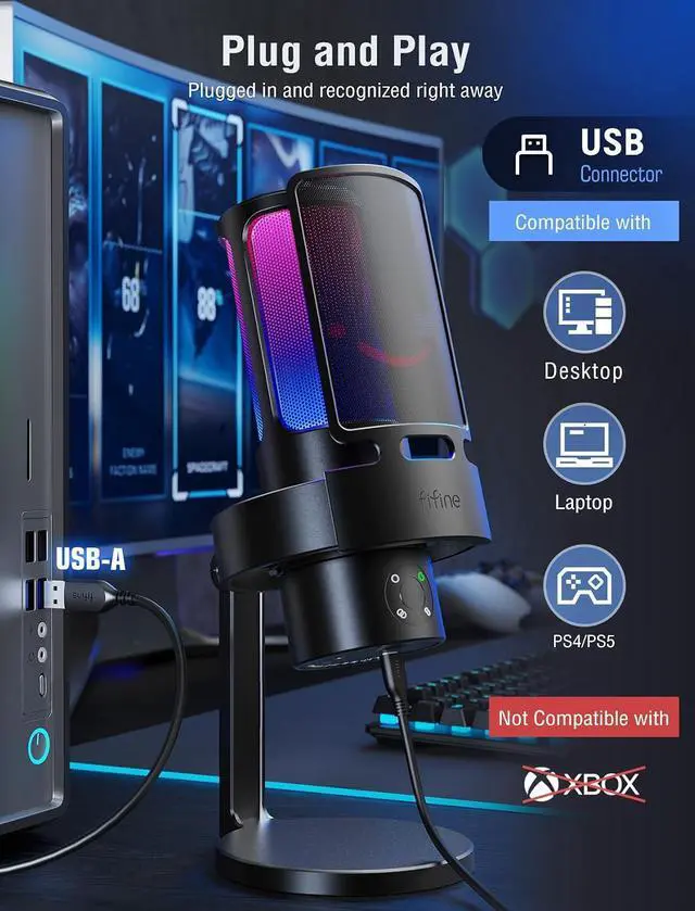 Alt view image 3 of 7 - Deuninker USB Gaming RGB Microphone with Mic Pop Filter Bundle, PC Streaming Microphone with 4 Polar Patterns, Mute, Pop Windscreen for Noise Reduction for Clear Recording, Podcast, Vocal (A8Plus+U1)