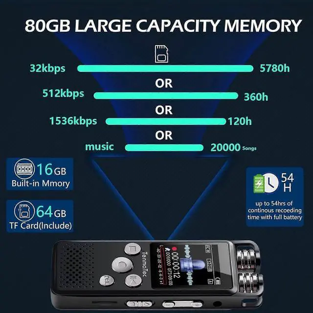 Alt view image 3 of 5 - Deuninker 16GB Voice Activated Recorder with Playback, DSP Noise Cancellation, Dual Mic, MP3 & Speaker - Black