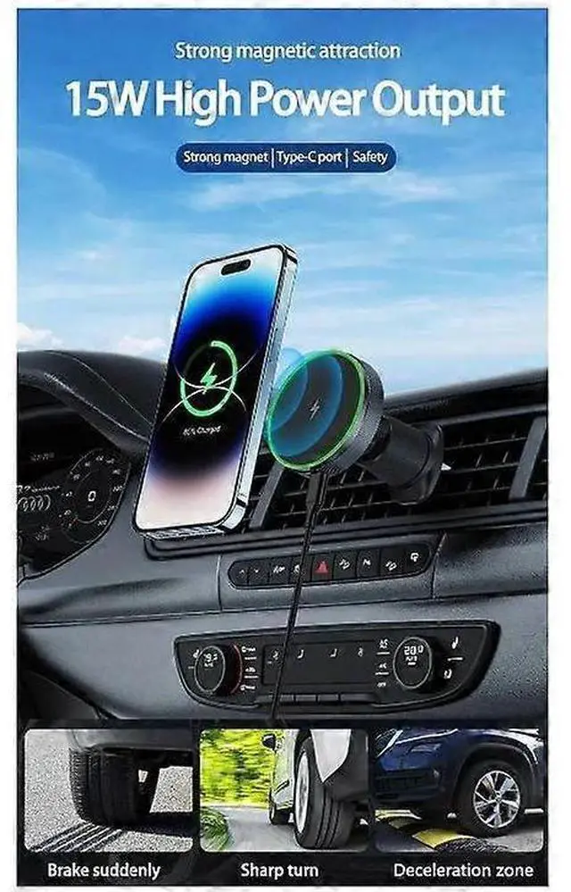 Alt view image 2 of 5 - Deuninker 15W Fast Magnetic Wireless Car Charger Mount, Air Vent Phone Holder with RGB LED (Black)